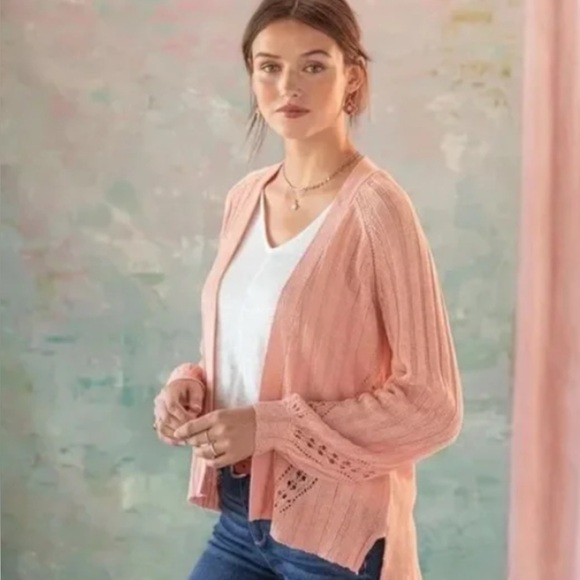 Sundance Pink Crochet Linen Open Front Cardigan Sz PM Coastal Lagenlook - Picture 1 of 6